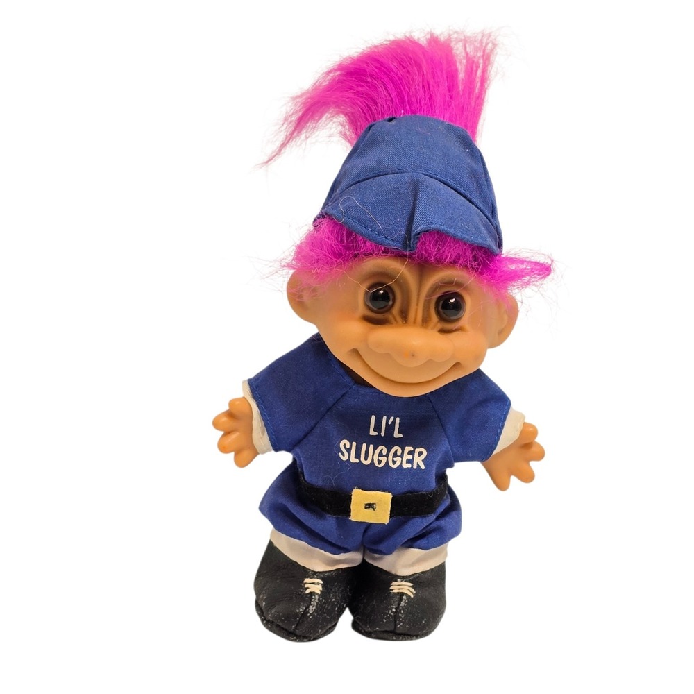 Russ Berrie Li'l Slugger Troll Doll 5" Baseball Softball Pink Hair 1990's‎ Vtg